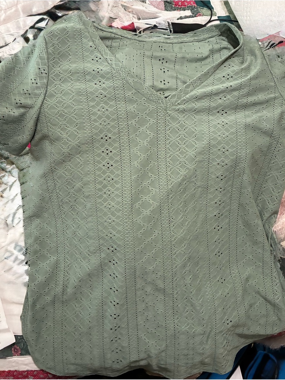 Women's Sage Eyelet V-Neck Top large